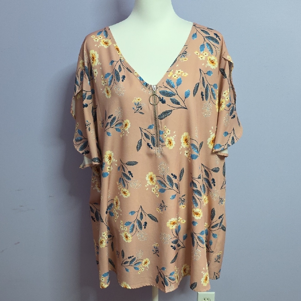 BloomChic‎ Floral V-Neck Blouse - Pink and Blue